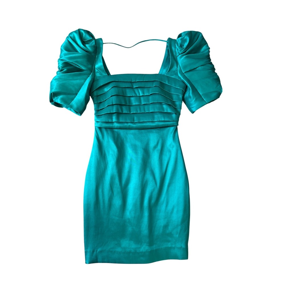 Teal Satin Puff Sleeve Mini Dress‎ Square Neck Cocktail Party Jewel Tone Dress
